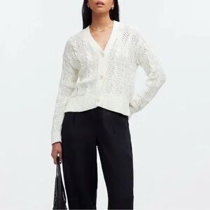 MADEWELL Women's Sz L Ivory Buttons Cotton Cable-Stitch Cardigan Sweater Relaxed